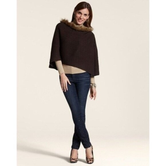 Chico's  Linda Poncho Knit with Faux Fur Neckline Brown One Size Fits Most - Picture 1 of 11